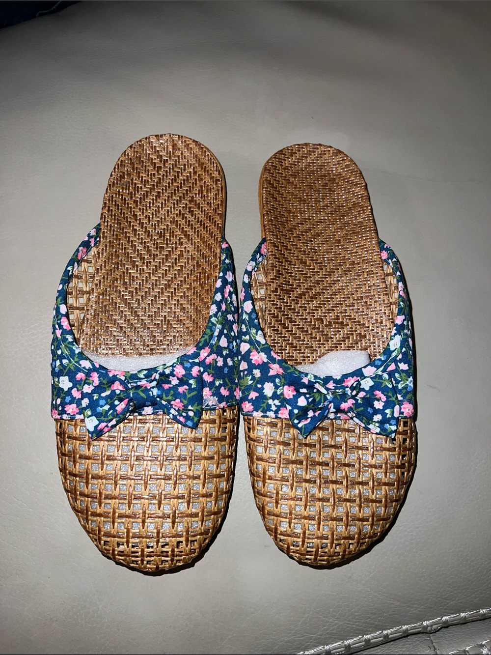 Navy Floral Bow Woven Women's Slide Slippers